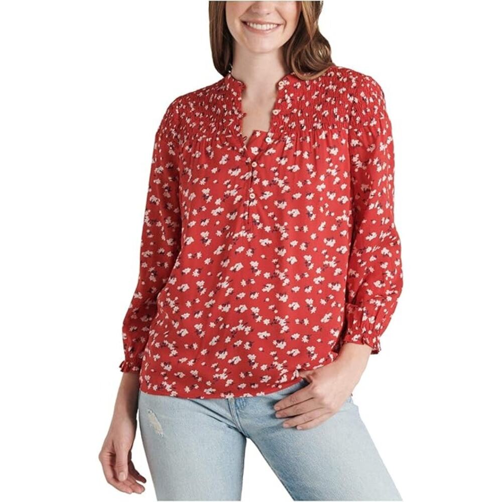 Lucky Brand Women's Red Printed Gemma Smocked V-Neck Long Sleeve Blouse Small